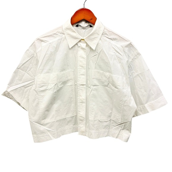 Zara Tops - Zara Button Up Shirt Women's M White Cropped Boxy Short Sleeve Casual Top